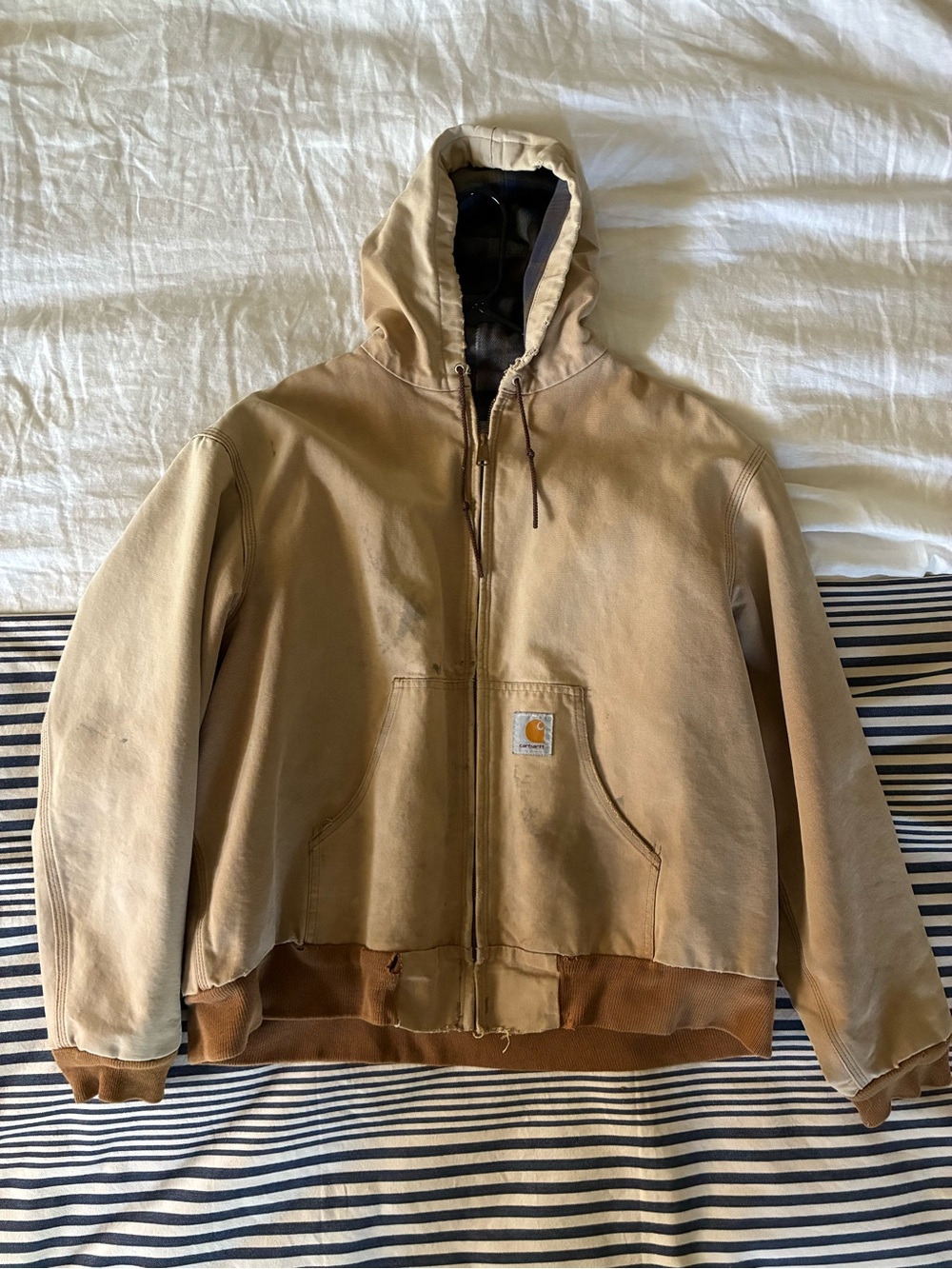 Vintage Carhartt Tan Hooded Work Jacket with Brown Trim